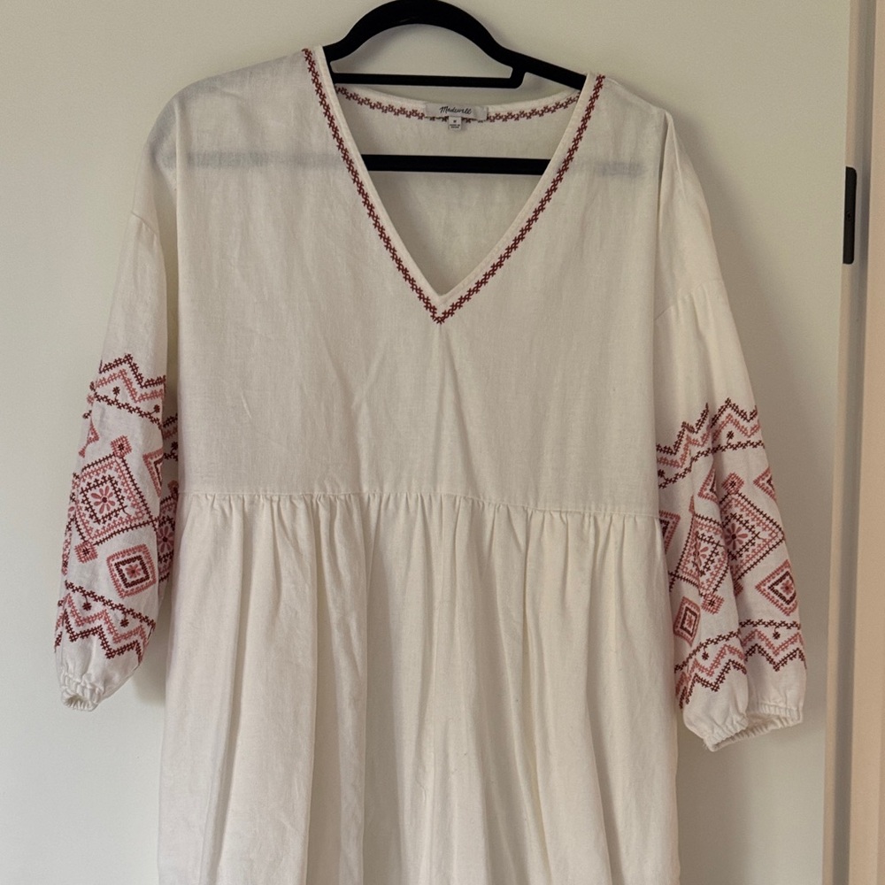 Madewell Cream Popover Dress with Red/Pink Embroidery M
